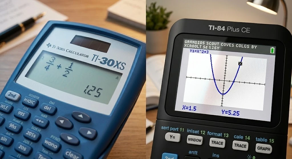 side by side screen comparison scientific TI-30XS screen showing arithmetic vs graphing TI-84 Plus screen showing visual parabola 